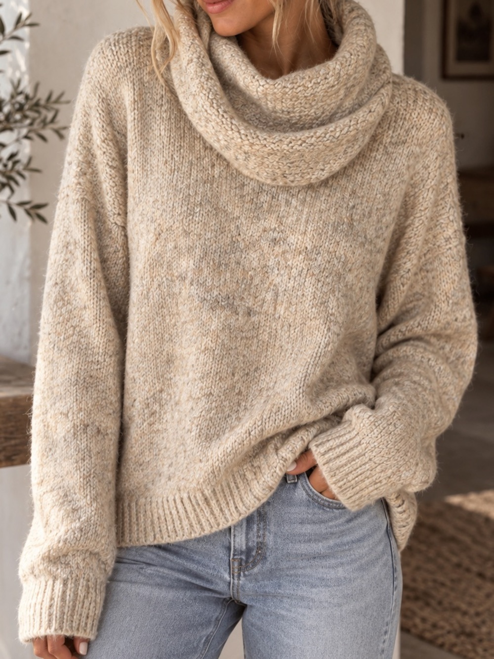 Sincerely Jules Heathered Beige Cowl Neck Sweater